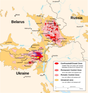 Mapa ukazující kontaminaci Běloruska, Ruska a Ukrajiny radioaktivním 137Cs.